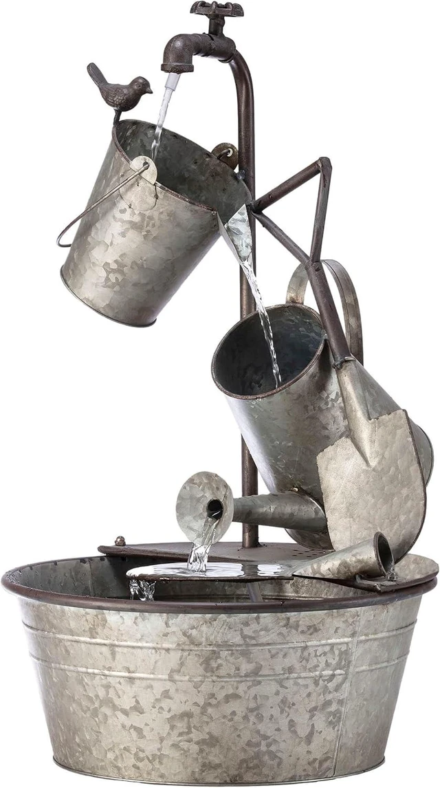 Main image of YHL106 3-Tiered Metal Garden Tools Water Fountain, 28" Outdoor Floor Faucet Waterfall, Gray