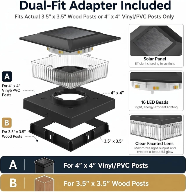 Alt view image 3 of 7 - 12 Pack Solar Post Cap Lights for 4x4 Posts Dual-Color Waterproof, Fits 4x4 Vinyl or 3.5x3.5 Wood, Dusk to Dawn for Deck, Garden & Porch, Black