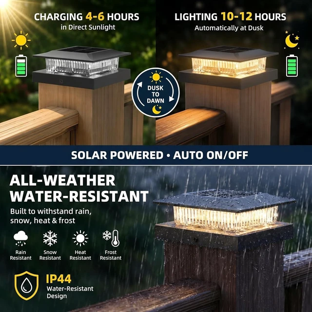 Alt view image 5 of 7 - 12 Pack Solar Post Cap Lights for 4x4 Posts Dual-Color Waterproof, Fits 4x4 Vinyl or 3.5x3.5 Wood, Dusk to Dawn for Deck, Garden & Porch, Black