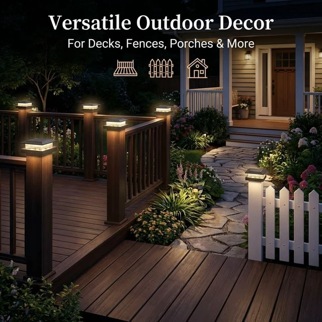 Alt view image 7 of 7 - 12 Pack Solar Post Cap Lights for 4x4 Posts Dual-Color Waterproof, Fits 4x4 Vinyl or 3.5x3.5 Wood, Dusk to Dawn for Deck, Garden & Porch, Black