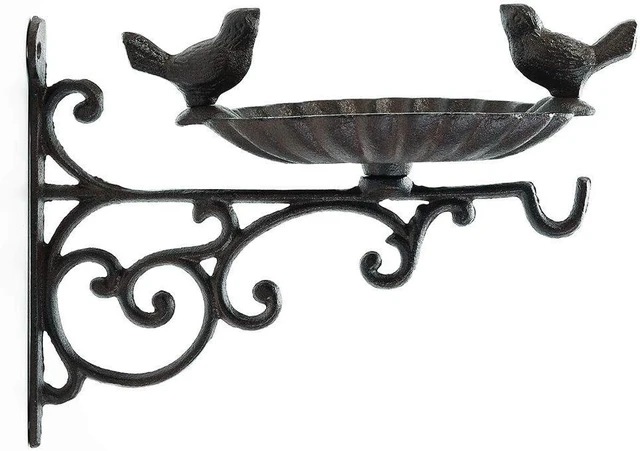 Main image of Heavy Duty Cast Iron Bird Feeder with Hanging Bracket Wall Mounted Bird Bath & Vintage Wall Hook for Planters, Lanterns, Wind Chimes, Garden Decor