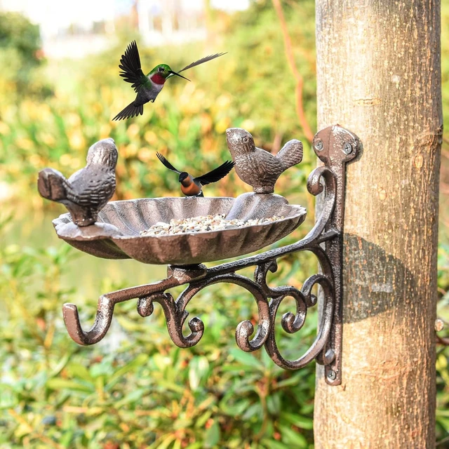 Alt view image 2 of 7 - Heavy Duty Cast Iron Bird Feeder with Hanging Bracket Wall Mounted Bird Bath & Vintage Wall Hook for Planters, Lanterns, Wind Chimes, Garden Decor