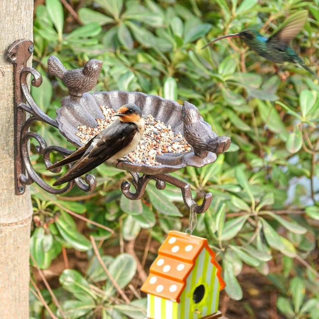 Alt view image 3 of 7 - Heavy Duty Cast Iron Bird Feeder with Hanging Bracket Wall Mounted Bird Bath & Vintage Wall Hook for Planters, Lanterns, Wind Chimes, Garden Decor