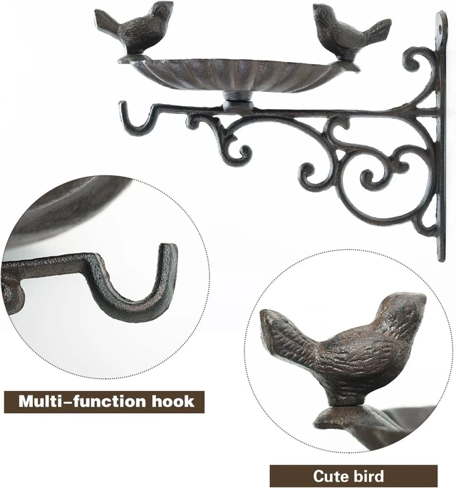 Alt view image 4 of 7 - Heavy Duty Cast Iron Bird Feeder with Hanging Bracket Wall Mounted Bird Bath & Vintage Wall Hook for Planters, Lanterns, Wind Chimes, Garden Decor