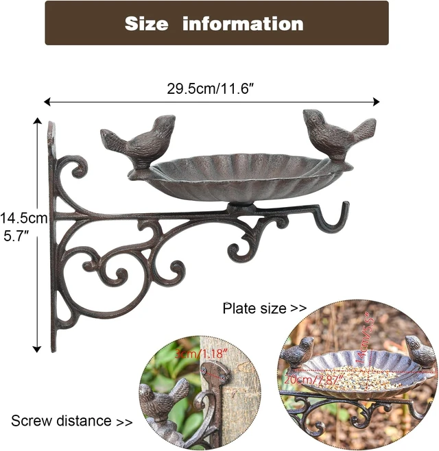 Alt view image 5 of 7 - Heavy Duty Cast Iron Bird Feeder with Hanging Bracket Wall Mounted Bird Bath & Vintage Wall Hook for Planters, Lanterns, Wind Chimes, Garden Decor