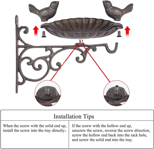 Alt view image 6 of 7 - Heavy Duty Cast Iron Bird Feeder with Hanging Bracket Wall Mounted Bird Bath & Vintage Wall Hook for Planters, Lanterns, Wind Chimes, Garden Decor