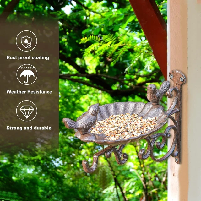 Alt view image 7 of 7 - Heavy Duty Cast Iron Bird Feeder with Hanging Bracket Wall Mounted Bird Bath & Vintage Wall Hook for Planters, Lanterns, Wind Chimes, Garden Decor