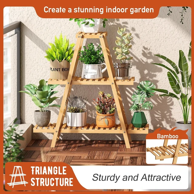 Alt view image 2 of 7 - 3-Tier Bamboo Plant Stand Indoor Outdoor Ladder Flower Holder Rack for Living Room, Balcony, Garden, Patio Boho Decor (Natural)