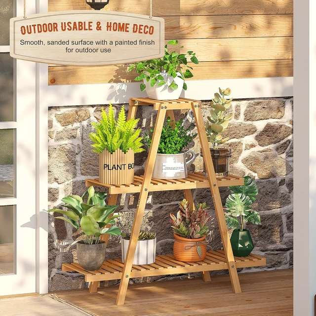 Alt view image 3 of 7 - 3-Tier Bamboo Plant Stand Indoor Outdoor Ladder Flower Holder Rack for Living Room, Balcony, Garden, Patio Boho Decor (Natural)