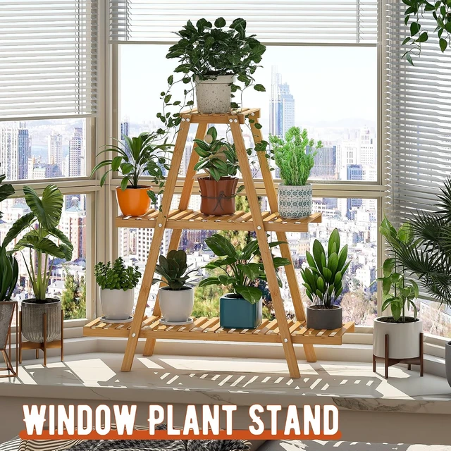 Alt view image 5 of 7 - 3-Tier Bamboo Plant Stand Indoor Outdoor Ladder Flower Holder Rack for Living Room, Balcony, Garden, Patio Boho Decor (Natural)