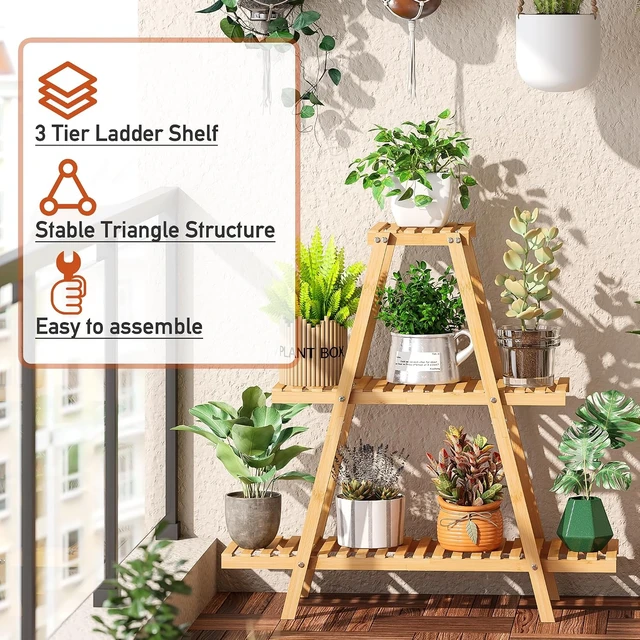 Alt view image 6 of 7 - 3-Tier Bamboo Plant Stand Indoor Outdoor Ladder Flower Holder Rack for Living Room, Balcony, Garden, Patio Boho Decor (Natural)