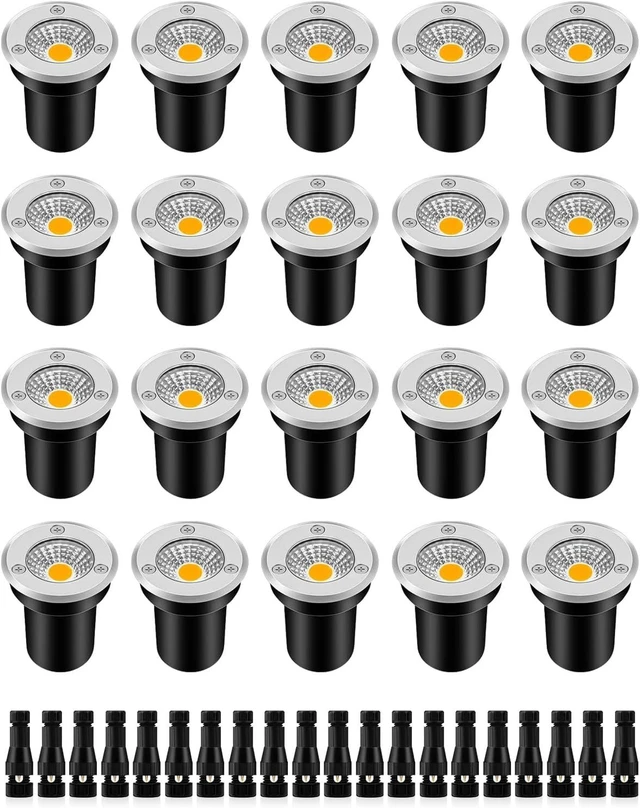 Main image of Low Voltage LED Well Lights In-Ground IP67 Waterproof Wired Landscape Lighting for Pathway, Deck, Step, Garden with Connectors (20Pack Warm White)