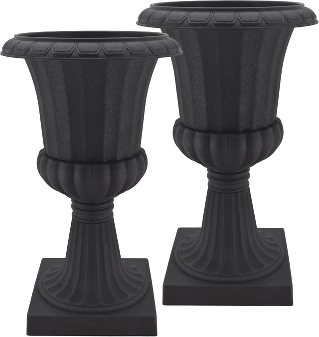 Main image of Set of 2 Classic Plastic Garden Pedestal Urns Decorative Pot Planter, 10" x 17", Black