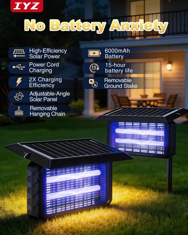Alt view image 4 of 7 - Waterproof Solar Bug Zapper Outdoor Rechargeable Mosquito Zapper with Panel Sensor & Indoor Fly Trap for Patio, Backyard, Garden, Camping