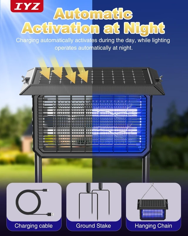 Alt view image 2 of 7 - Waterproof Solar Bug Zapper Outdoor Rechargeable Mosquito Zapper with Panel Sensor & Indoor Fly Trap for Patio, Backyard, Garden, Camping