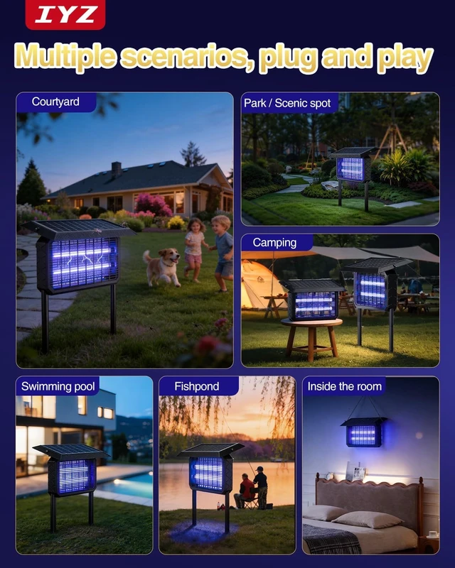 Alt view image 7 of 7 - Waterproof Solar Bug Zapper Outdoor Rechargeable Mosquito Zapper with Panel Sensor & Indoor Fly Trap for Patio, Backyard, Garden, Camping