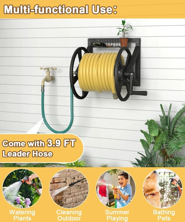 Alt view image 5 of 7 - Black Triangle Wall Mounted Garden Hose Reel, Outdoor Hose Holder