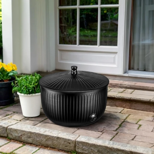 Alt view image 2 of 7 - Garden Hose Holder with Lid 100ft Ridge Embossed Metal Matte Black Pot with Drainage, Decorative Outdoor Storage Caddy
