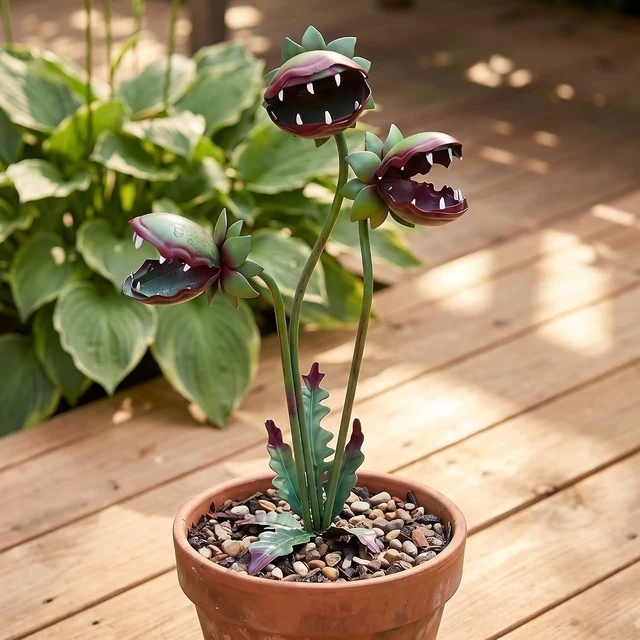Alt view image 4 of 7 - 2 Pcs 25 Inch Whimsical Metal Carnivorous Plant Garden Stakes
