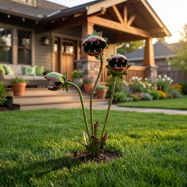 Alt view image 5 of 7 - 2 Pcs 25 Inch Whimsical Metal Carnivorous Plant Garden Stakes