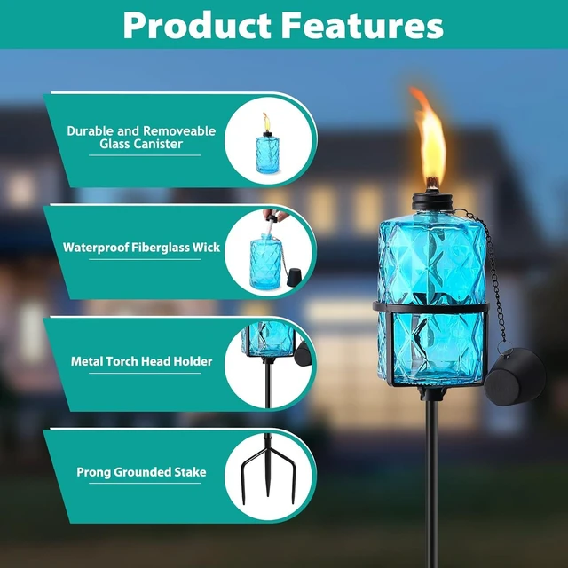 Alt view image 3 of 7 - 4 Pack Blue Glass Citronella Torches for Outside Garden