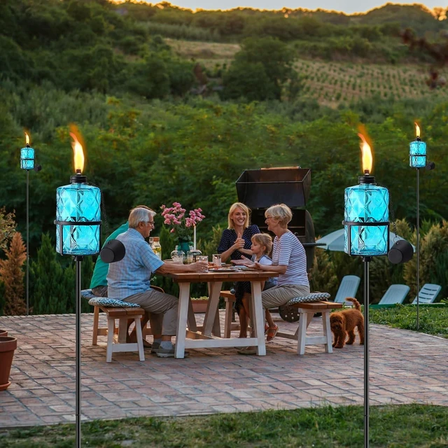 Alt view image 4 of 7 - 4 Pack Blue Glass Citronella Torches for Outside Garden