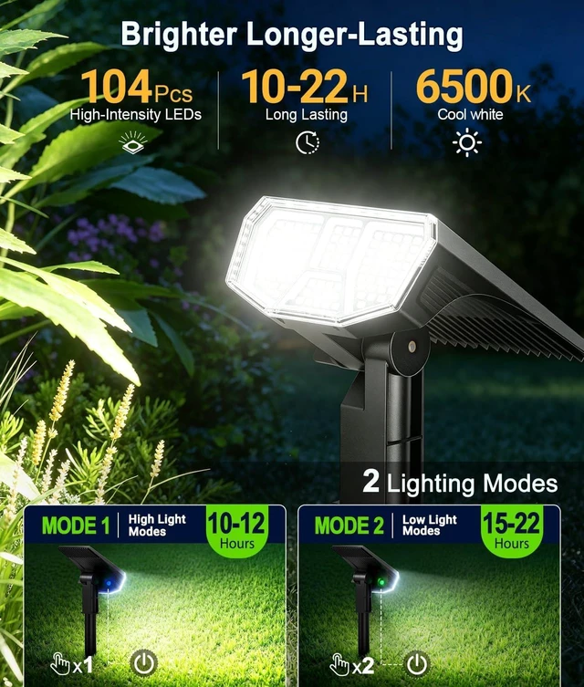 Alt view image 2 of 7 - LETMY Solar Spot Lights Outdoor Waterproof IP65, 104 LEDs Outdoor Lights, 2-in-1 Auto On/Off Solar Powered Spotlights, Outdoor Solar Lights for Yard, Garden, Pathway & Wall, 4 Pack, Cool White