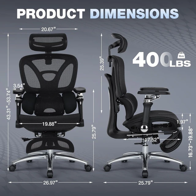 Alt view image 3 of 7 - Ergonomic Office Chair, 400lbs High Back Mesh Desk Chair with 6D Armrests, 3D Headrest, Adjustable Lumbar Support, Seat Depth Adjustment, Tilt Lock, Metal Base & PU Wheels, Black