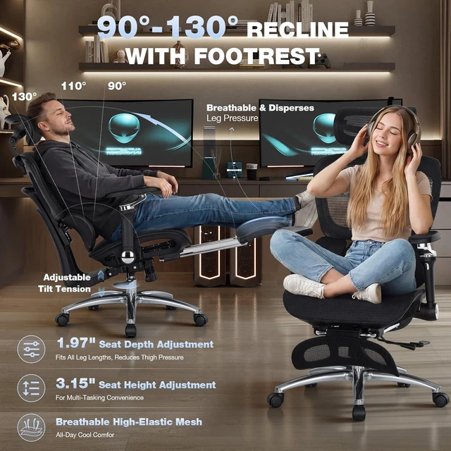 Alt view image 5 of 7 - Ergonomic Office Chair, 400lbs High Back Mesh Desk Chair with 6D Armrests, 3D Headrest, Adjustable Lumbar Support, Seat Depth Adjustment, Tilt Lock, Metal Base & PU Wheels, Black