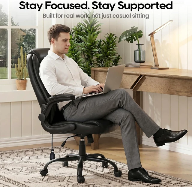 Alt view image 7 of 7 - Leather Comfy Office Chair Computer Desk Chair with Adjustable Lumbar Support, Thick Cushion, Flip-Up Arms & Ergonomic Back, for Home Office Gaming, Black