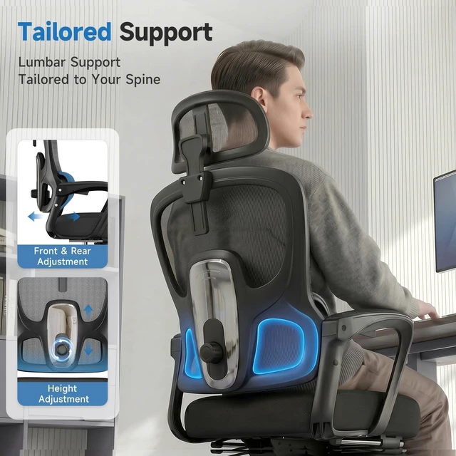 Alt view image 3 of 7 - 90-145° Reclining Ergonomic Office Chair with Footrest, Mesh Desk Chair