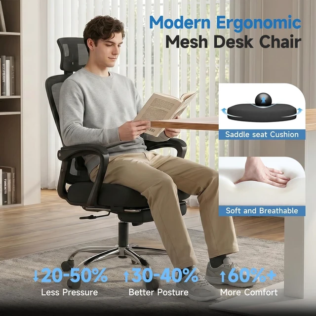 Alt view image 5 of 7 - 90-145° Reclining Ergonomic Office Chair with Footrest, Mesh Desk Chair