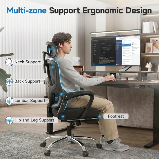 Alt view image 6 of 7 - 90-145° Reclining Ergonomic Office Chair with Footrest, Mesh Desk Chair