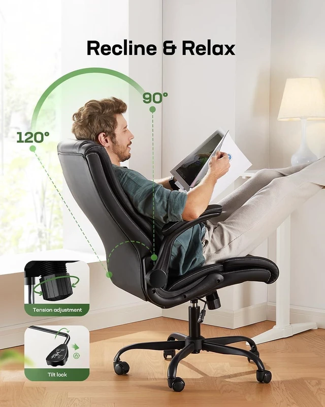 Alt view image 5 of 7 - Executive Office Chair Ergonomic Desk Chair with Flip-up Armrests PU Leather Height-Adjustable Swivel Rolling Dark