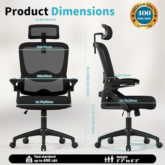 Alt view image 2 of 7 - Ergonomic Office Chair,Mesh Office Chair with Lumbar Support,High Back Desk Chair with Flip-up Arms,400 lbs Big and Tall Computer Chair with Headrest,Comfy Desk Chairs