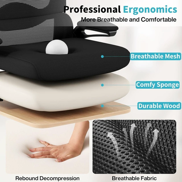 Alt view image 6 of 7 - Ergonomic Office Chair,Mesh Office Chair with Lumbar Support,High Back Desk Chair with Flip-up Arms,400 lbs Big and Tall Computer Chair with Headrest,Comfy Desk Chairs