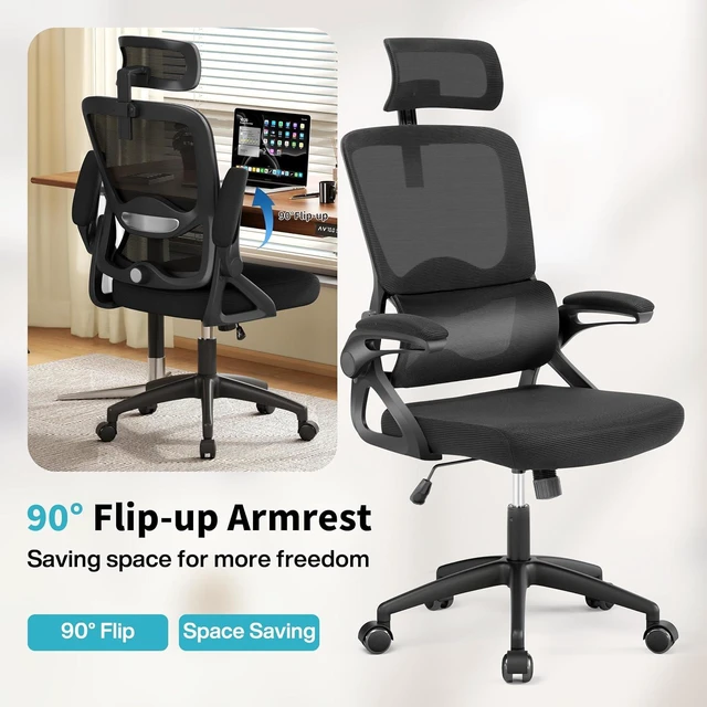 Alt view image 5 of 7 - Ergonomic Office Chair,Mesh Office Chair with Lumbar Support,High Back Desk Chair with Flip-up Arms,400 lbs Big and Tall Computer Chair with Headrest,Comfy Desk Chairs