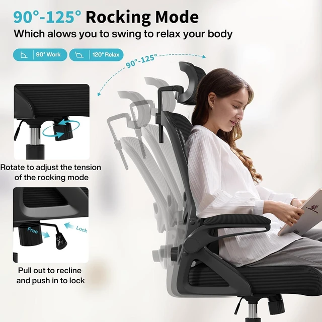 Alt view image 7 of 7 - Ergonomic Office Chair,Mesh Office Chair with Lumbar Support,High Back Desk Chair with Flip-up Arms,400 lbs Big and Tall Computer Chair with Headrest,Comfy Desk Chairs