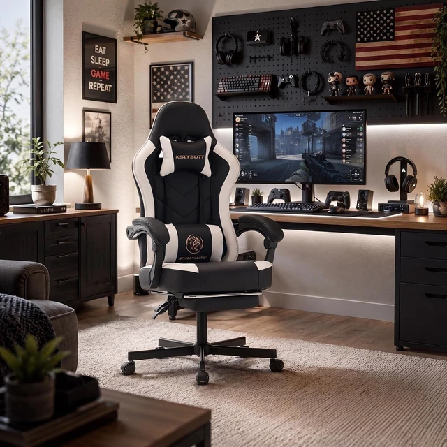 Alt view image 3 of 7 - Desk Computer Gaming Chair - High Back Ergonomic Office Chair with Footrest and Lumbar Support, Swivel Comfy Home Gamer Video Game Chairs with Pocket Spring Cushion for Adults (White Leather)