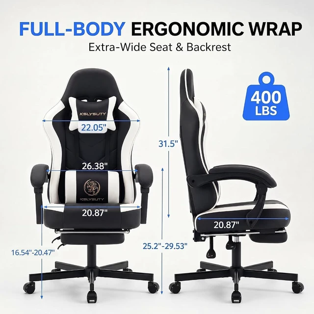 Alt view image 2 of 7 - Desk Computer Gaming Chair - High Back Ergonomic Office Chair with Footrest and Lumbar Support, Swivel Comfy Home Gamer Video Game Chairs with Pocket Spring Cushion for Adults (White Leather)