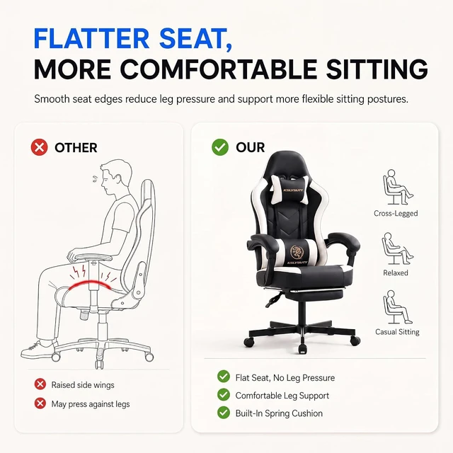 Alt view image 4 of 7 - Desk Computer Gaming Chair - High Back Ergonomic Office Chair with Footrest and Lumbar Support, Swivel Comfy Home Gamer Video Game Chairs with Pocket Spring Cushion for Adults (White Leather)