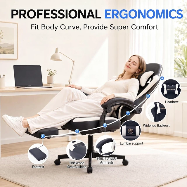 Alt view image 5 of 7 - Desk Computer Gaming Chair - High Back Ergonomic Office Chair with Footrest and Lumbar Support, Swivel Comfy Home Gamer Video Game Chairs with Pocket Spring Cushion for Adults (White Leather)