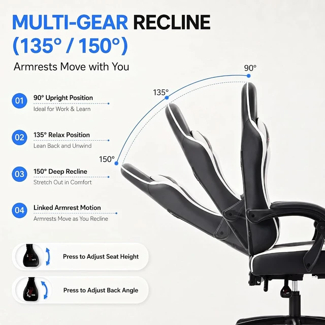 Alt view image 7 of 7 - Desk Computer Gaming Chair - High Back Ergonomic Office Chair with Footrest and Lumbar Support, Swivel Comfy Home Gamer Video Game Chairs with Pocket Spring Cushion for Adults (White Leather)