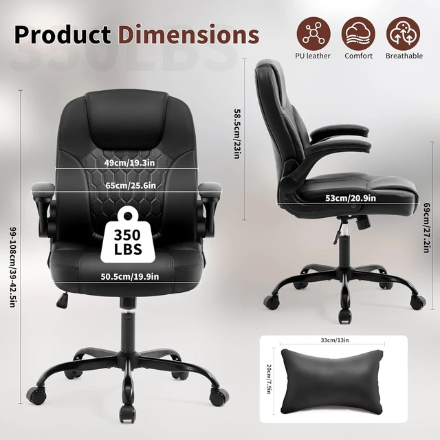 Alt view image 2 of 7 - Leather Office Chair Swivel Lumbar Support for Short People Black