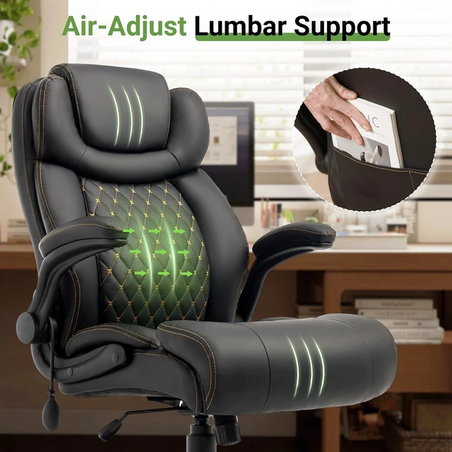 Alt view image 3 of 7 - Office Chair, Big and Tall Executive Chair with Air-Lumbar Support, Breathable Desk Computer Chair with Adjustable Flip-up Armrests, Wide Cushion Seat Swivel Home Office Chair