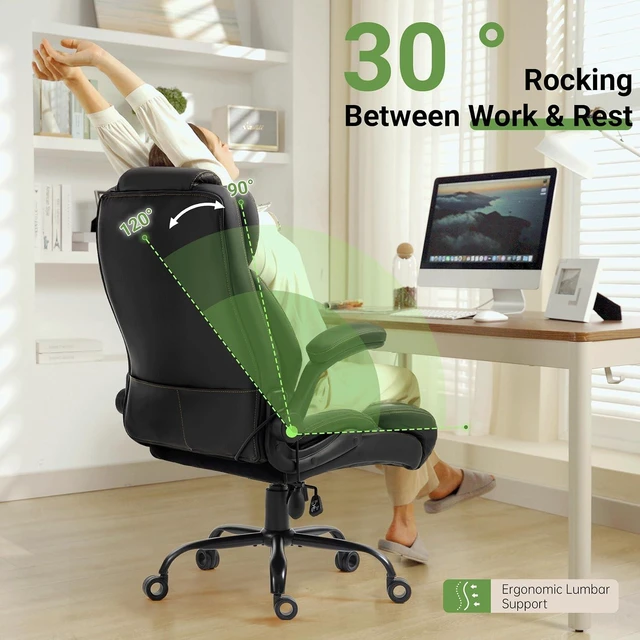 Alt view image 4 of 7 - Office Chair, Big and Tall Executive Chair with Air-Lumbar Support, Breathable Desk Computer Chair with Adjustable Flip-up Armrests, Wide Cushion Seat Swivel Home Office Chair