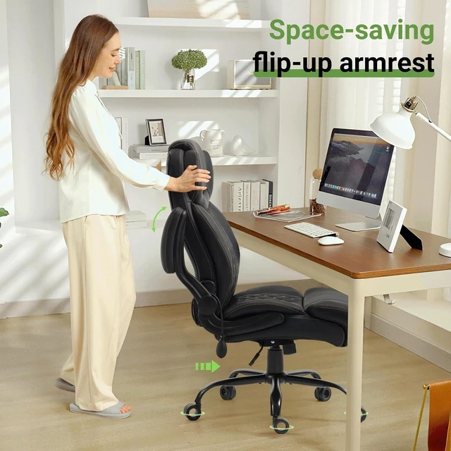 Alt view image 6 of 7 - Office Chair, Big and Tall Executive Chair with Air-Lumbar Support, Breathable Desk Computer Chair with Adjustable Flip-up Armrests, Wide Cushion Seat Swivel Home Office Chair