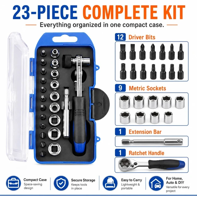 Alt view image 2 of 4 - 23 in 1 Ratchet Wrench Screwdriver Set, Portable Household Repair Tools Kit with Quick Release Handle Wrenchs Spanner Drill Storage Box for Appliance Repairs Furniture Assembly DIY, Blue