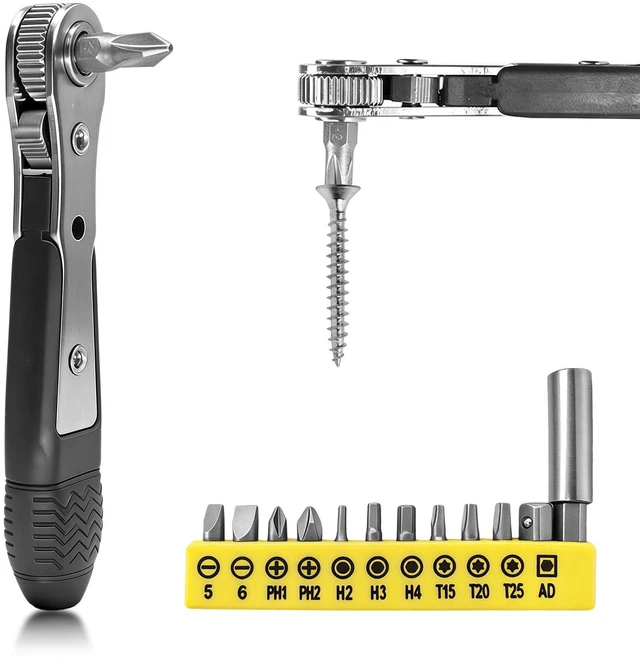 Main image of 13-in-1 Right Angle Magnetic Screwdriver Set 36-Tooth Ratchet Wrench | Mini Pocket Ratcheting Screwdrivers for Tight Spaces, DIY/Home/Car Repairs Gift for DIYers, Handymen & Men - 12 Bits