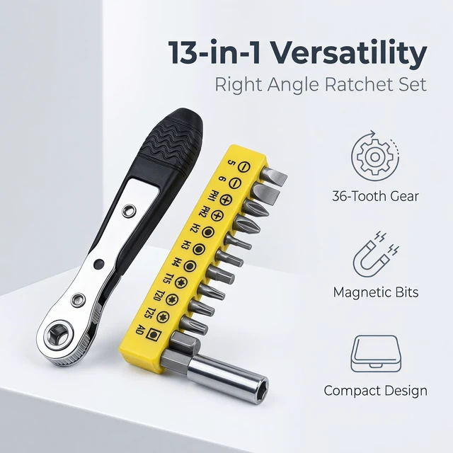 Alt view image 3 of 7 - 13-in-1 Right Angle Magnetic Screwdriver Set 36-Tooth Ratchet Wrench | Mini Pocket Ratcheting Screwdrivers for Tight Spaces, DIY/Home/Car Repairs Gift for DIYers, Handymen & Men - 12 Bits